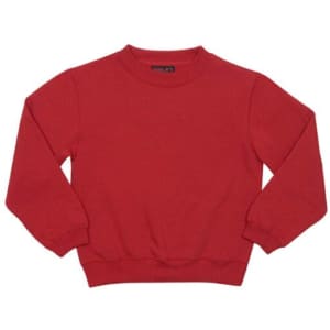 A red crew neck jumper with long sleeves, featuring a simple design and an interior label with branding.