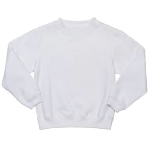 A white crew neck jumper with long sleeves featuring a simple design and a logo.