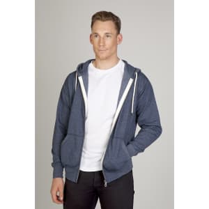A blue heather zip hoodie with a front pocket and hood, worn over a white T-shirt. The model is standing against a neutral background.