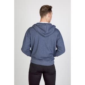 A navy heather zip hoodie with a hood and a fitted design, featured from the back. Includes a logo.
