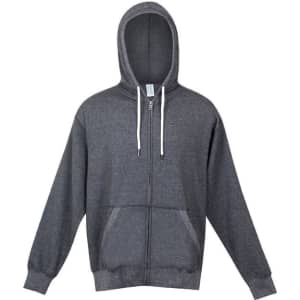 A grey zip hoodie with a hood and front pockets, featuring a logo on the chest area.