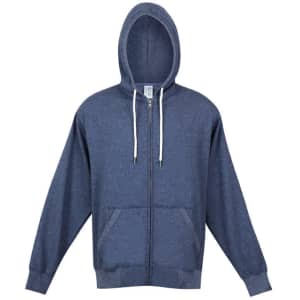 A navy heather zip hoodie with a kangaroo pocket and drawstring hood, featuring a branding logo.