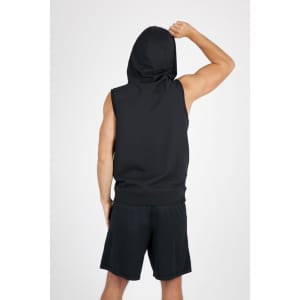A sleeveless black zip hoodie with a hood, displayed from the back, paired with matching black shorts.