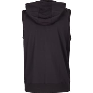 A black sleeveless zip hoodie featuring a hood and a simple back design. It includes a logo or branding.