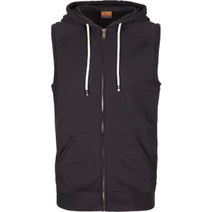 A sleeveless black zip hoodie with a hood and front pockets, featuring a logo.