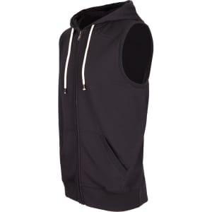 A black sleeveless zip hoodie with a front pocket and drawstring hood. It features a logo on the design.