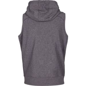 A grey sleeveless zip hoodie with a hood, featuring a plain back and a relaxed fit.