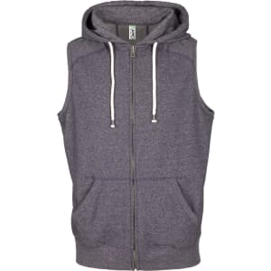 A men's sleeveless zip hoodie in a heather grey colour with front pockets and a hood. Features branding.