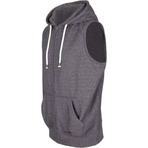 A grey sleeveless zip hoodie with a hood and front pockets, featuring a logo on the chest.