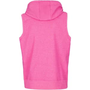 A pink sleeveless zip hoodie with a hood, featuring a back view design. It includes a logo or branding element.