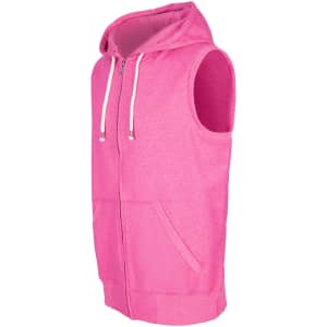 A pink sleeveless zip hoodie with a hood and front pockets, featuring a logo.