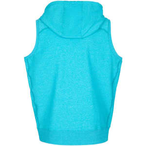 A sleeveless zip hoodie in a bright turquoise colour with a hood, featuring a logo on the back.