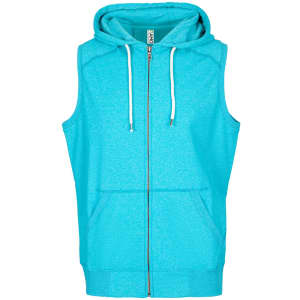 A sleeveless zip hoodie in a vibrant light blue colour, featuring a hood and front pockets. It has a logo.