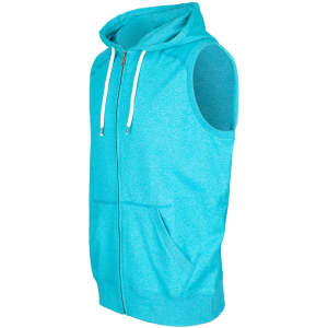 A sleeveless zip hoodie in bright turquoise with a front pocket and a hood, featuring a logo.