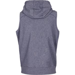 A sleeveless zip hoodie in a heather grey colour, featuring a hood and a plain back design.