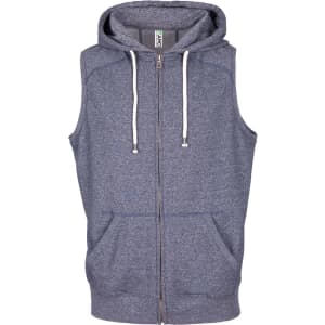 A sleeveless zip hoodie in heather blue with a hood and front pockets, featuring a logo.