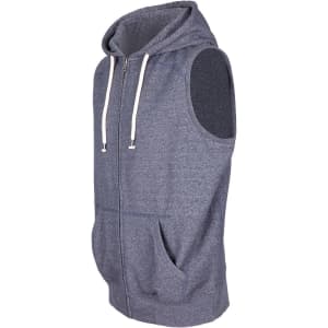 A men's heather grey sleeveless zip hoodie featuring a hood and front pockets, with a subtle branding.