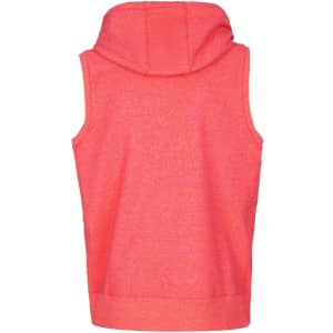 A men's sleeveless zip hoodie in a vibrant coral colour, featuring a hood and a plain back design.
