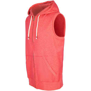 A red sleeveless zip hoodie featuring a front pocket and drawstring hood, part of the Greatness Range.