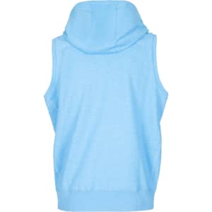 A light blue sleeveless zip hoodie featuring a hood and a simple design at the back.