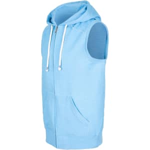 A light blue sleeveless zip hoodie featuring a hood, pockets, and a logo. Part of the Greatness Range.