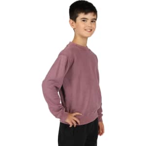 A unisex stone wash sweatshirt in a muted mauve tone, worn by a smiling child, standing in profile.