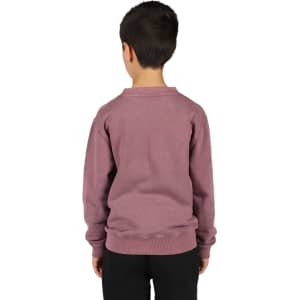 A unisex stone wash sweatshirt in a mauve colour, featuring a simple design and a logo on the back.