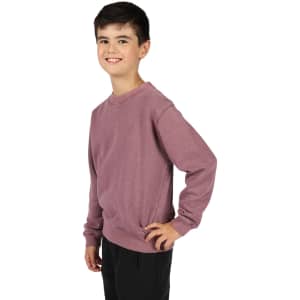 A unisex stone wash sweatshirt in a muted mauve colour, worn by a smiling child against a white background.