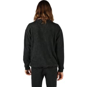 A unisex stone wash sweatshirt in black with a relaxed fit, featuring a branded logo on the back.