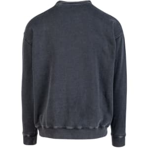 A unisex stone wash sweatshirt in dark grey, featuring a relaxed fit and ribbed cuffs. It has a logo on the back.
