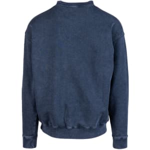 A unisex stone wash sweatshirt in navy blue, featuring a simple design and a logo on the back.