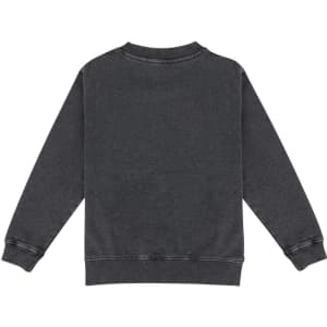 A dark grey kids' stone wash sweatshirt with a simple design and a round neckline, featuring ribbed cuffs.
