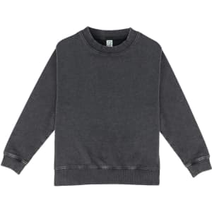 A grey stone wash sweatshirt with long sleeves and a round neckline, featuring a logo.