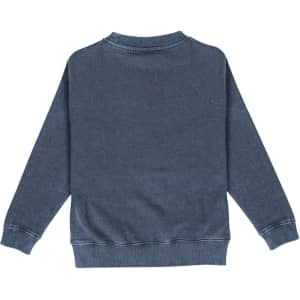 A stone wash sweatshirt in a blue hue, featuring long sleeves and a crew neckline, with a branding logo.