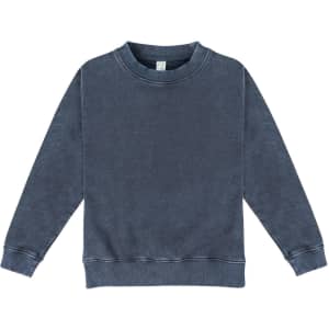 A stone wash sweatshirt in a deep blue colour, featuring a classic crew neck and long sleeves, with a logo on the label.