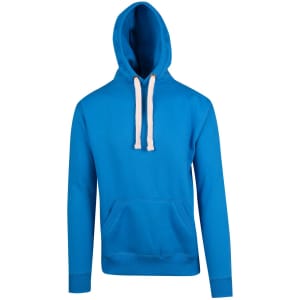 A blue men's brushed heavy fleece hoodie with a front pocket and contrasting drawstring in the hood.
