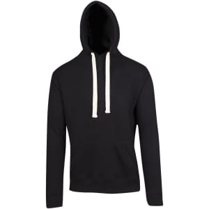 A black men's brushed heavy fleece hoodie with a front pocket and contrasting drawstrings. It features a brand logo.