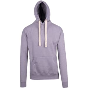 A grey men's brushed heavy fleece hoodie with a front pocket and drawstrings on the hood. It features a logo.
