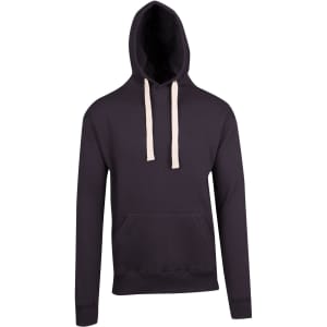 A men's brushed heavy fleece hoodie in dark grey with a drawstring hood and front pocket. It has a logo.