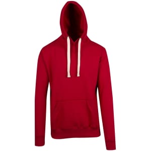 A red brushed heavy fleece hoodie with a front pocket and a hood, featuring a contrasting drawstring.