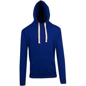 A blue men's brushed heavy fleece hoodie with a kangaroo pocket and contrasting drawstrings. It features a logo.