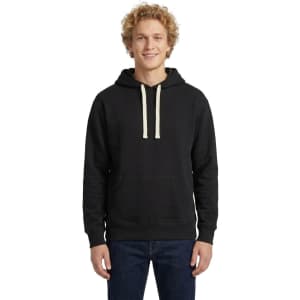 A purple and a blue heavy fleece hoodie are worn by two people, posing together against a white background.