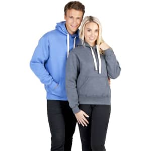 A blue men's hoodie and a grey women's hoodie, both featuring a front pocket and drawstring hood, with logos.