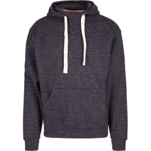 A dark grey brushed heavy fleece hoodie with a front pocket and white drawstrings. It features a logo.