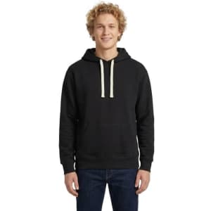 A blue men's brushed heavy fleece hoodie with a front pocket and drawstring hood. Features a logo on the clothing.