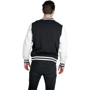 A men's varsity jacket with a black body and white sleeves, featuring striped cuffs and a logo on the back.