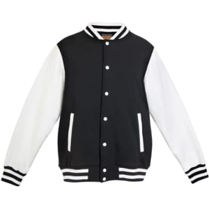 A men's varsity jacket in black with white sleeves and striped accents, featuring a logo and front pockets.
