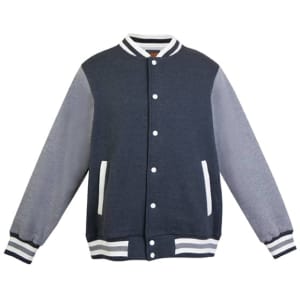 A navy and grey varsity jacket with white stripes and pockets, featuring a branding logo.