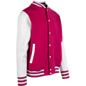 A pink and white men's varsity jacket featuring a button-up front and striped cuffs. It has a logo on the chest.
