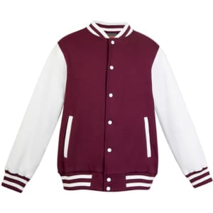 A maroon and white men’s varsity jacket with a button-up front and striped cuffs. It features side pockets and a logo.